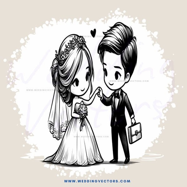 a cartoon of a bride and groom with one holding an umbrella