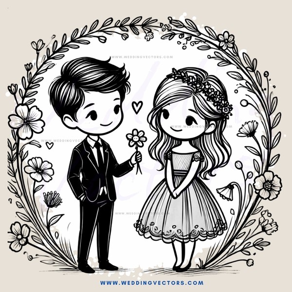 a black and white illustration of a couple