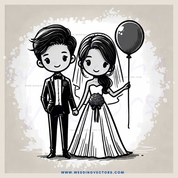 a bride and groom holding a balloon
