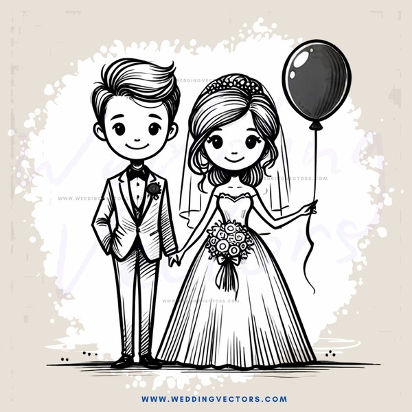 a bride and groom with balloons