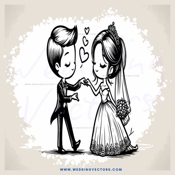 a cartoon portrait of a bride and groom
