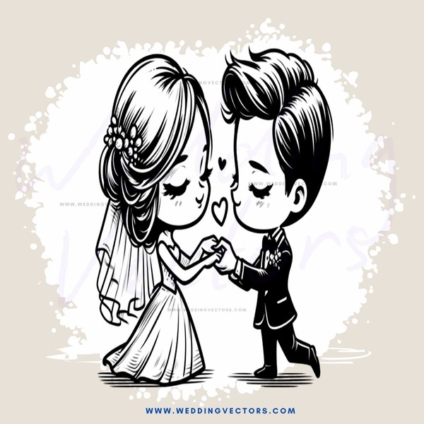 the wedding couple hugs in cartoon style