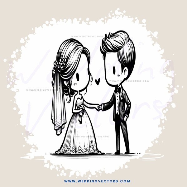 wedding couple facing each other in black and white illustration