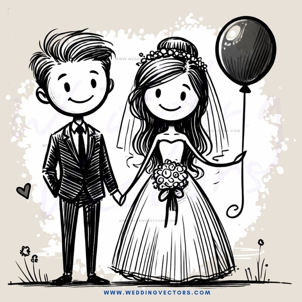 a couple in wedding attire with balloons and flowers