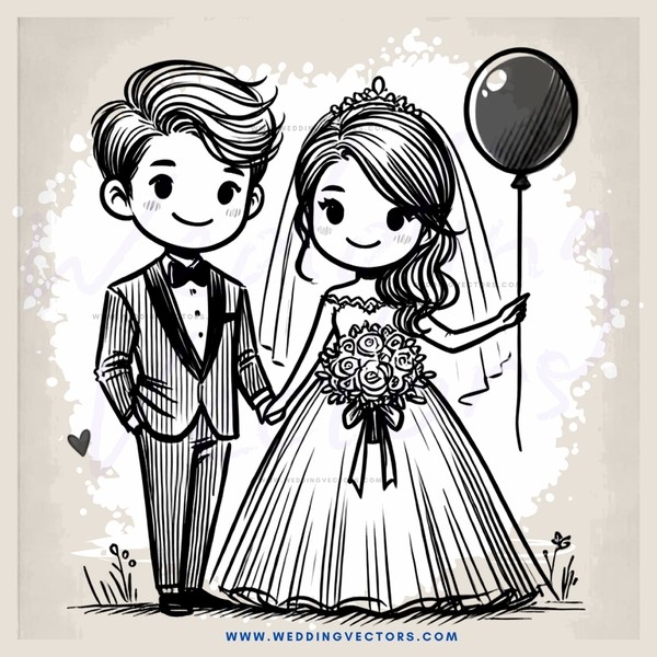 a bride and groom with a balloon