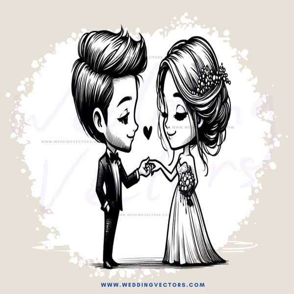 a wedding couple with hearts over their heads