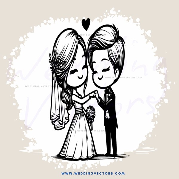 wedding couple in black and white illustrations
