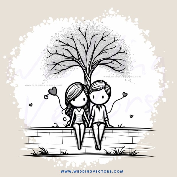 two people sitting under a tree with hearts and flowers