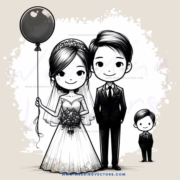 a bride and groom with a child