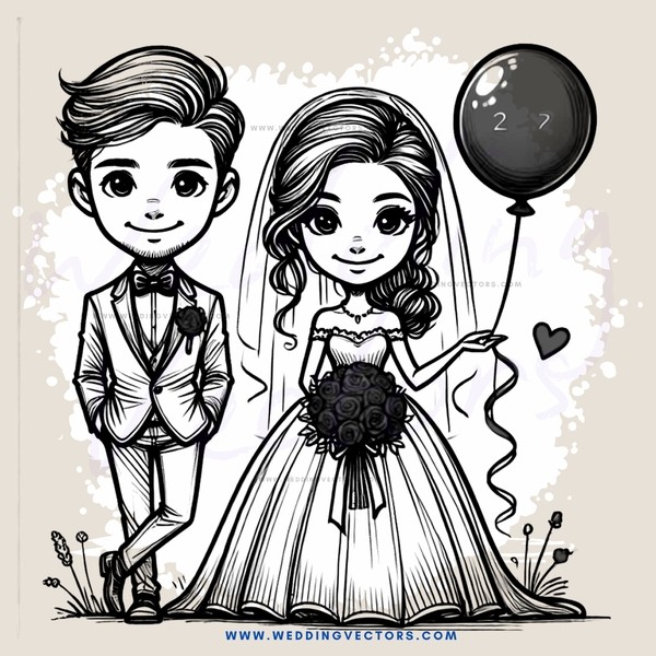 bride and groom in front of balloon