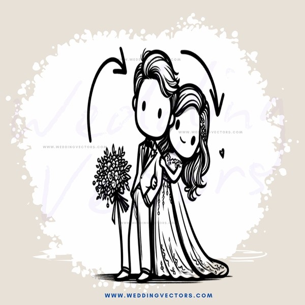 a couple standing with bouquets and an arrow pointing downwards