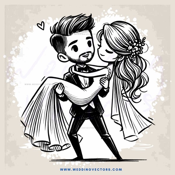 an illustration of a bride and groom hugging in front of their wedding dresses