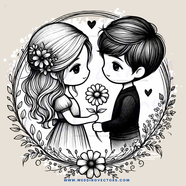 a boy and girl in wedding attire with flowers surrounding them