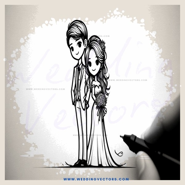 cartoon drawing of a couple in wedding attire posing for a picture