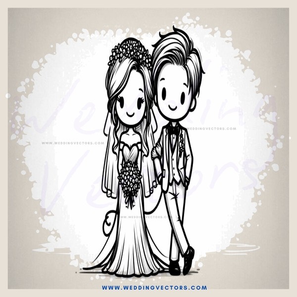 wedding couple in black and white illustration