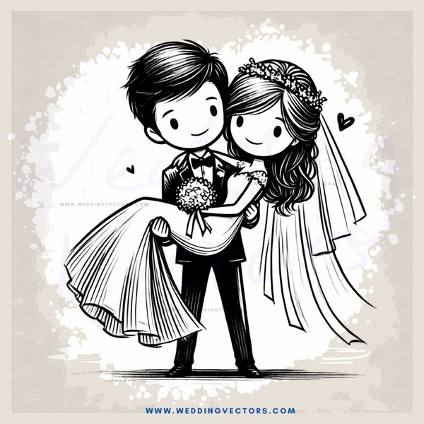 wedding couple in black and white illustration