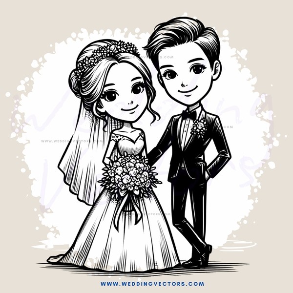 a bride and groom in black and white