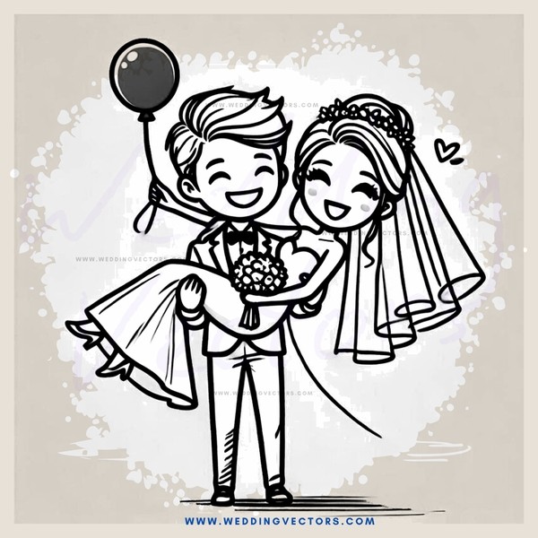 a bride and groom holding a balloon