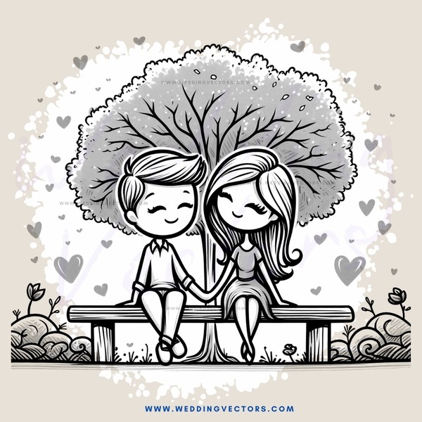 couple sitting on a bench with flowers and trees in their background