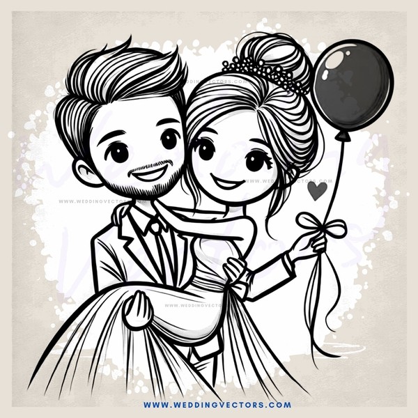 a couple in black and white holding hands with a balloon