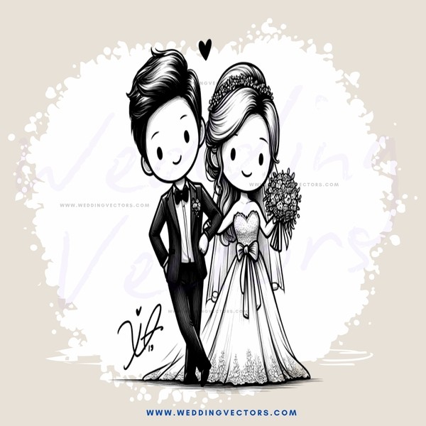 a bride and groom in a black and white cartoon drawing