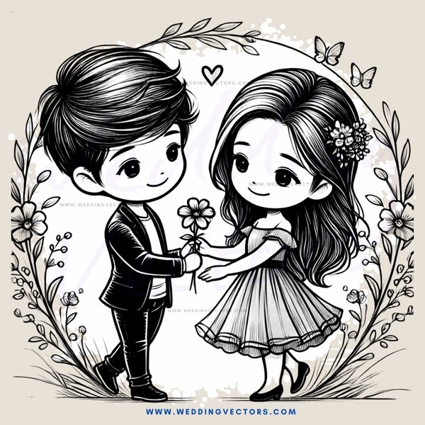 a boy and girl sharing flowers