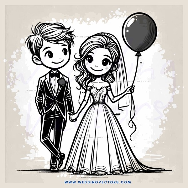 a bride and groom with balloon