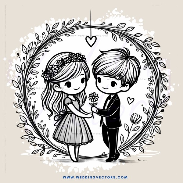 a couple standing in an archway with flowers and hearts