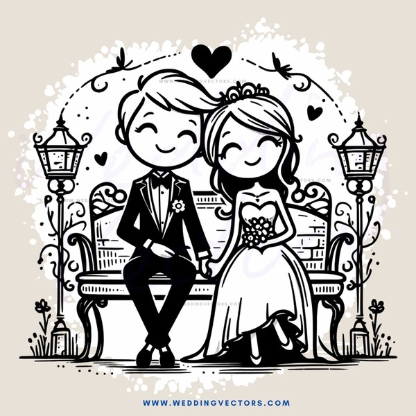wedding picture in black and white with couple on bench