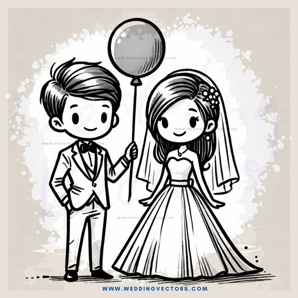 cartoon bride and groom celebrating their wedding