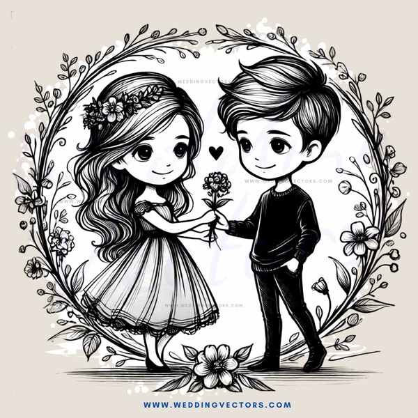 two people standing in flowers with love