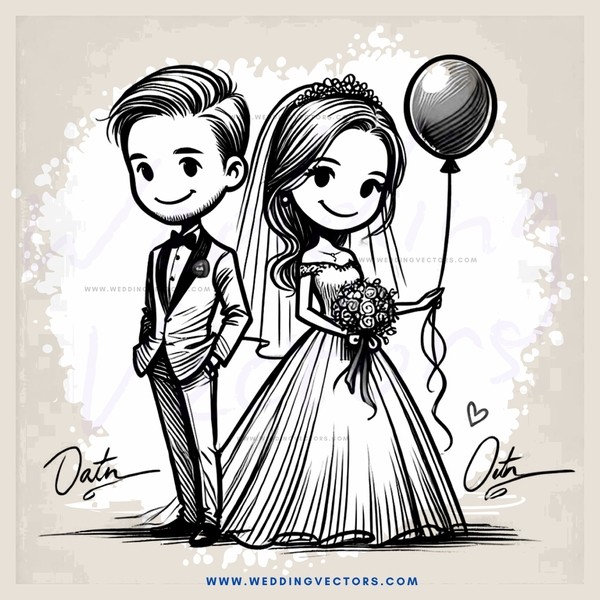a bride and groom holding a balloon