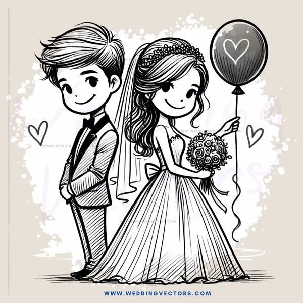 a bride and groom with balloons