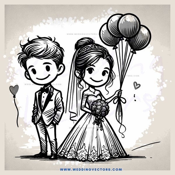 bride and groom with balloons and heart