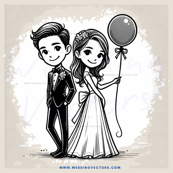 a bride and groom with a balloon