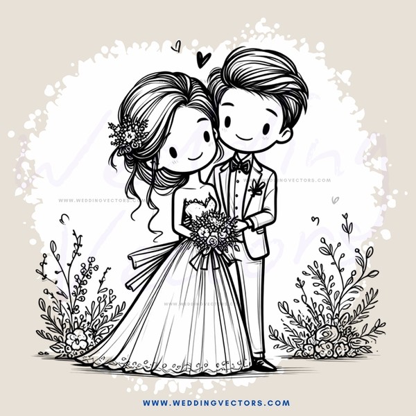 a couple in wedding attire with a floral background