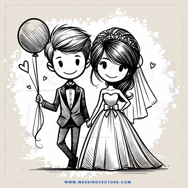 a bride and groom with a balloon