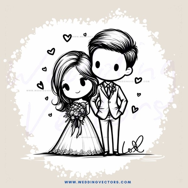 a couple standing together in wedding attire