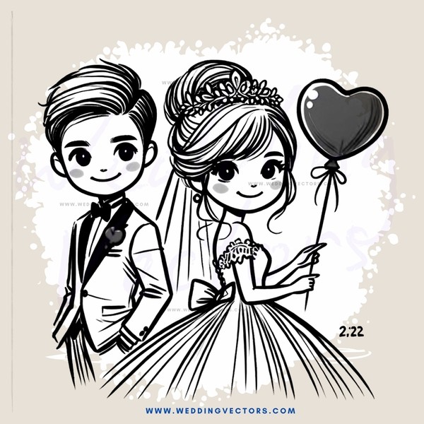 bride and groom with heart and flowers
