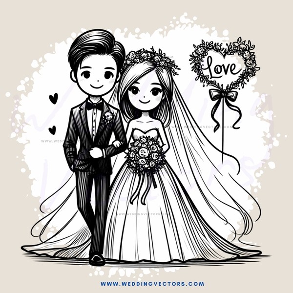 a bride and groom in their wedding gownes standing together