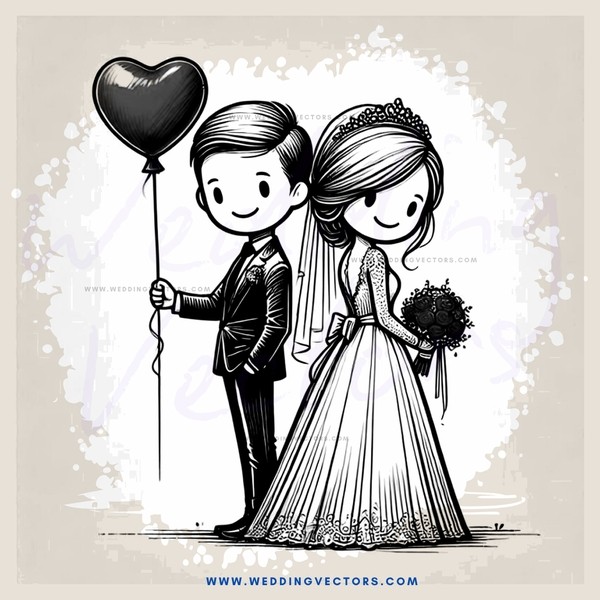 a wedding illustration with a heart balloon