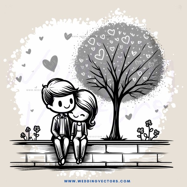 a couple sitting under a tree with hearts all over it