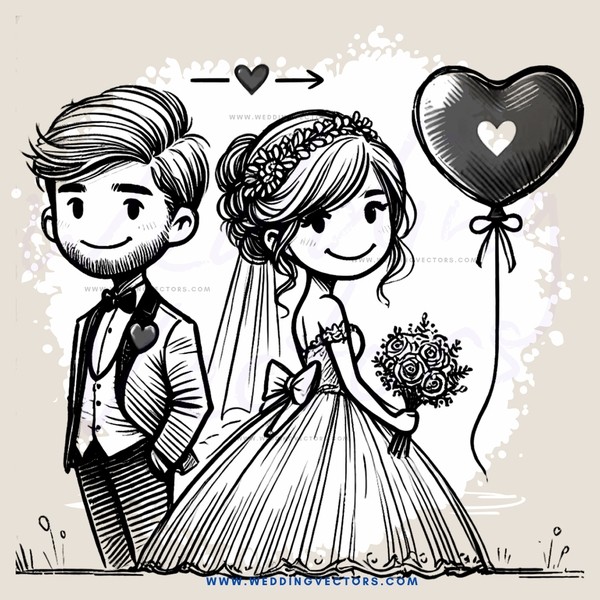 wedding couple illustration with balloons and leaves