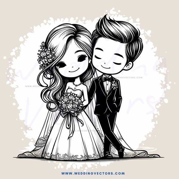 wedding couple in black and white illustration