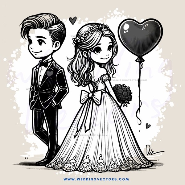 the groom and bride standing next to each other with balloons