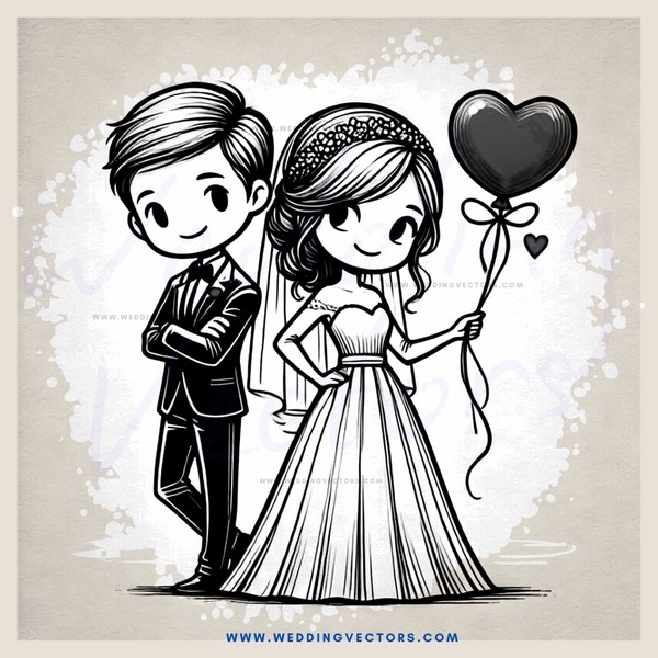 a bride and groom with a heart balloon