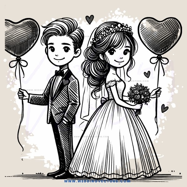 wedding couple posing with balloons and flowers