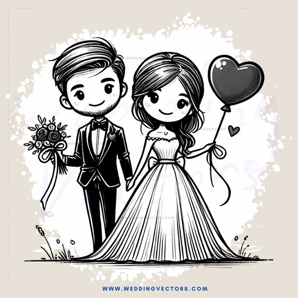 a bride and groom with a heart balloon