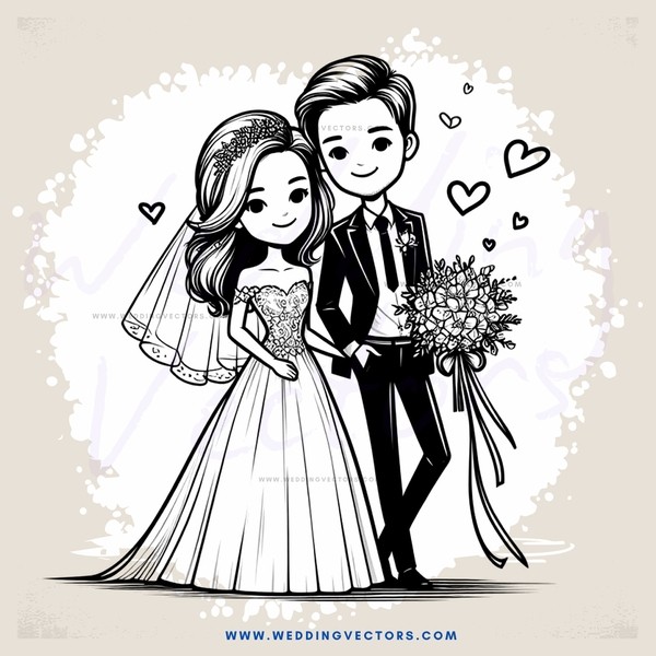a couple in wedding attire holding flowers