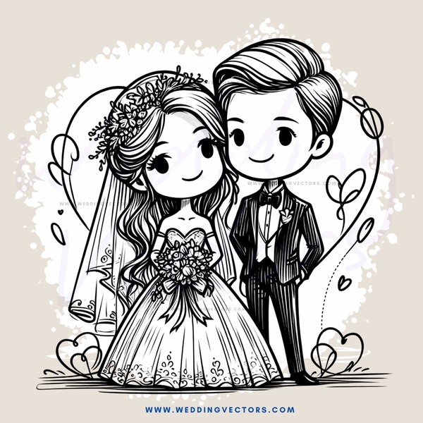 a cartoon drawing of a bride and groom with their hands together